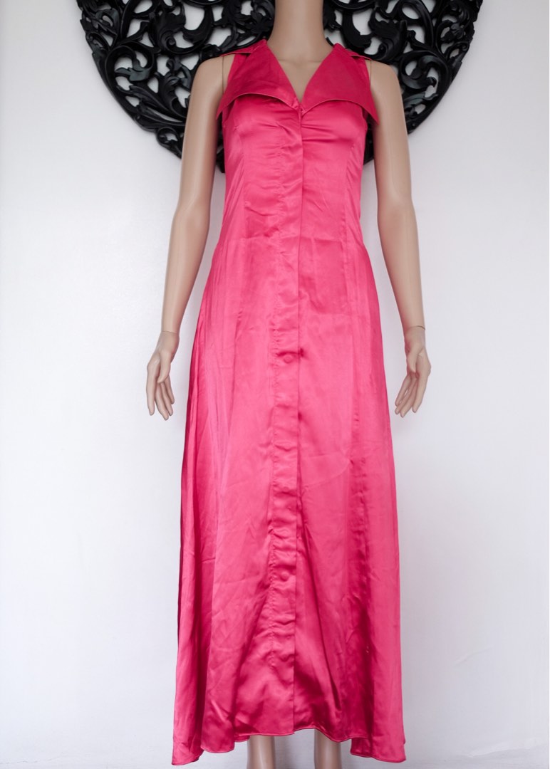 11610 Fuschia Cowl Neck Satin Dress