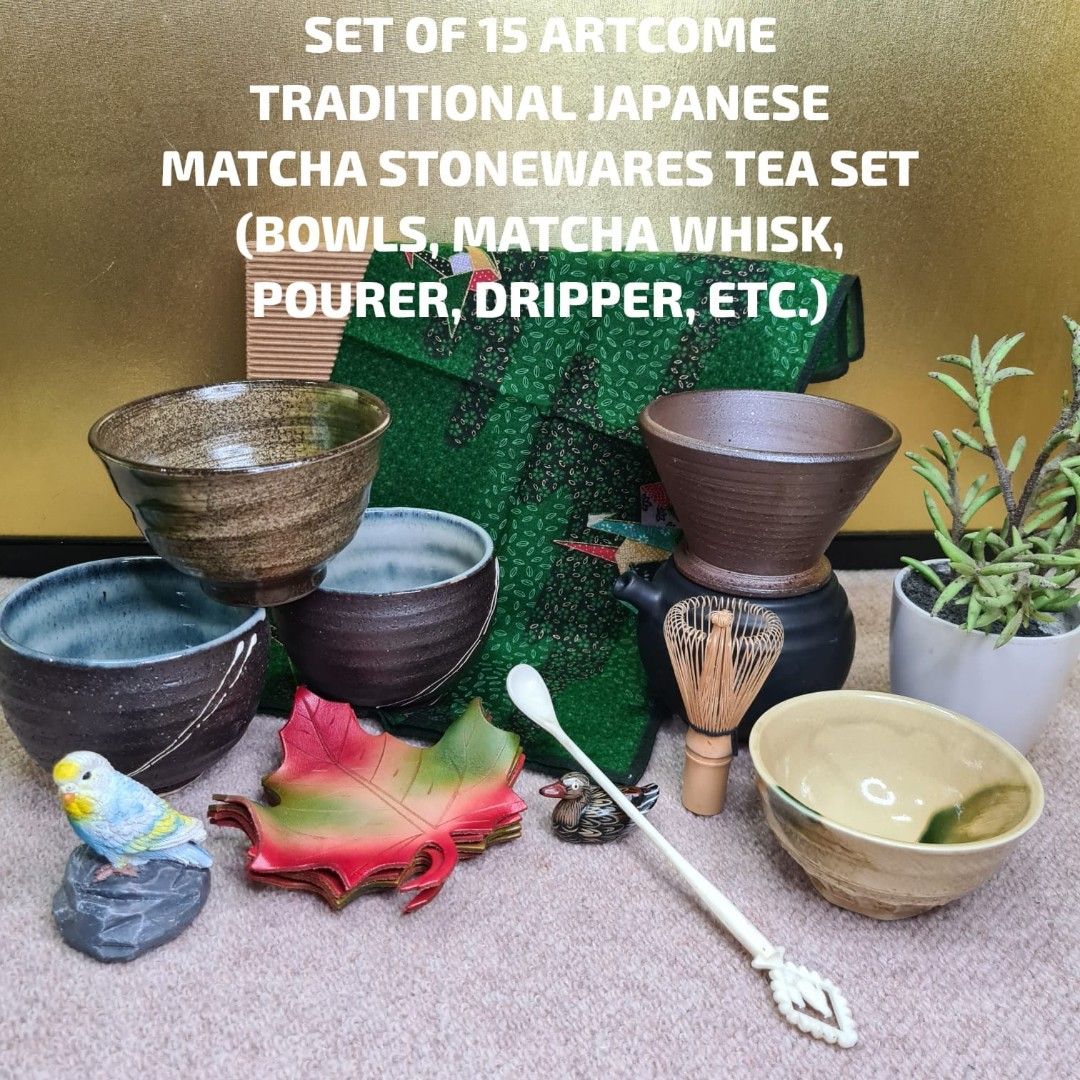 SET OF 15 ARTCOME TRADITIONAL JAPANESE MATCHA STONEWARES TEA SET (BOWLS,  MATCHA WHISK, POURER, DRIPPER, ETC.)