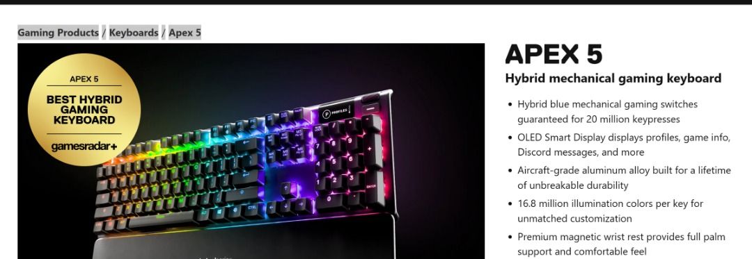 SteelSeries Apex 5 Hybrid Mechanical Gaming Keyboard – Per-Key RGB