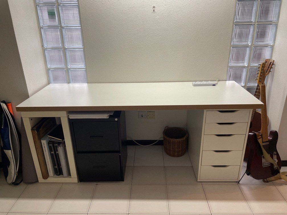 White desk + drawers, Furniture & Home Living, Furniture, Tables & Sets