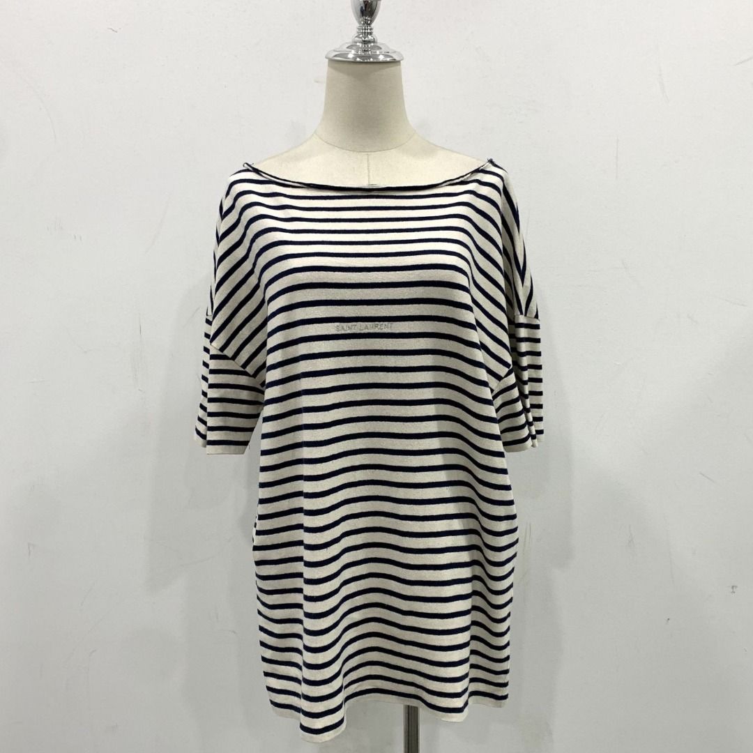 YVES SAINT LAURENT WHITE AND BLUE STRIPED BORDER T SHIRT 237020657 WE