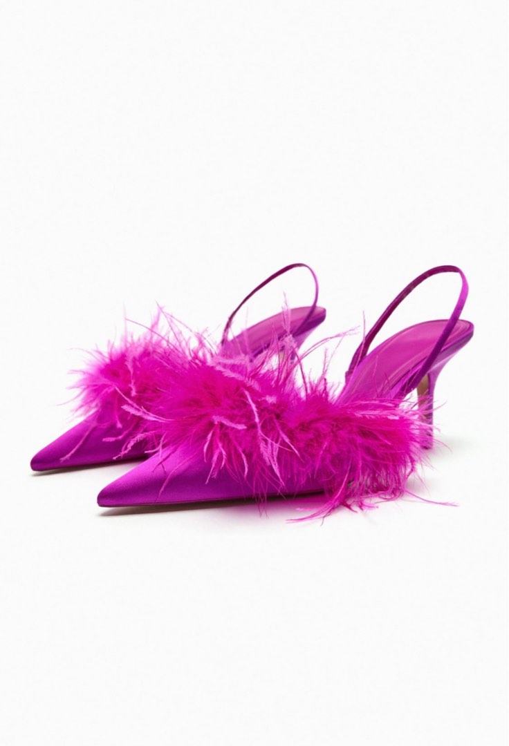 ZARA HIGH HEEL FABRIC SHOES WITH FEATHER DETAIL Women s Fashion