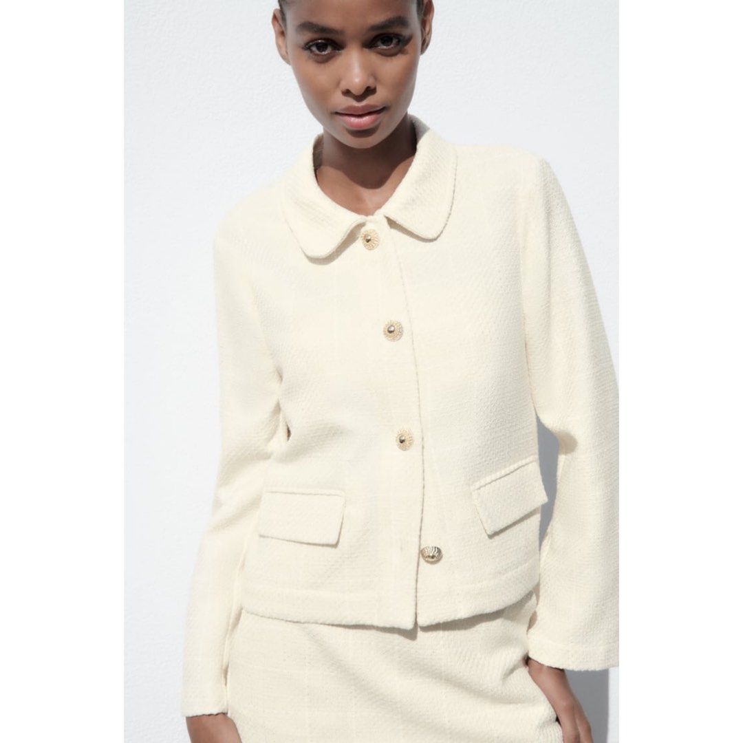Zara Textured Check Jacket Ecru Women s Fashion Coats Jackets and Outerwear on Carousell
