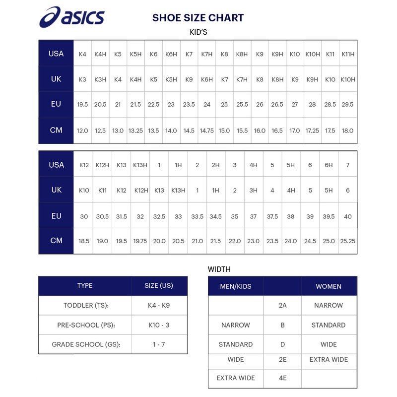 Asics kids outlet sizes