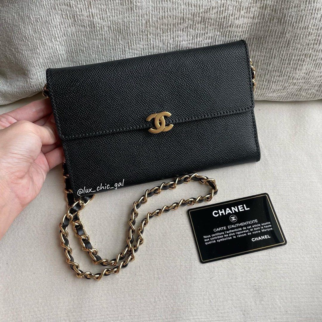 AUTHENTIC CHANEL Caviar Long Trifold Wallet / WOC 24k Gold