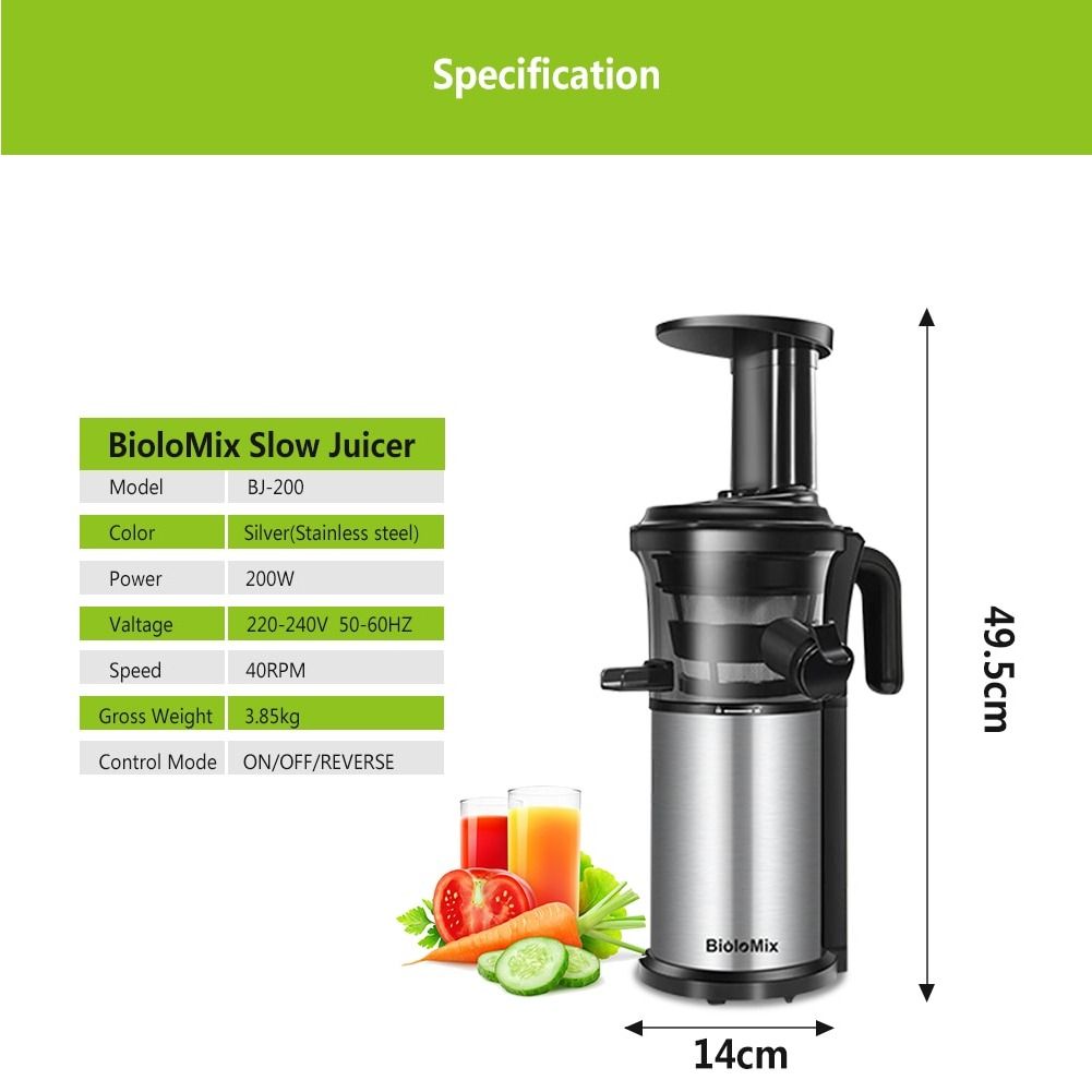 BioloMix 200W 40RPM Stainless Steel Masticating Slow Auger Juicer Fruit
