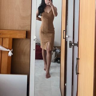 Brown midi v neck bodycon dress