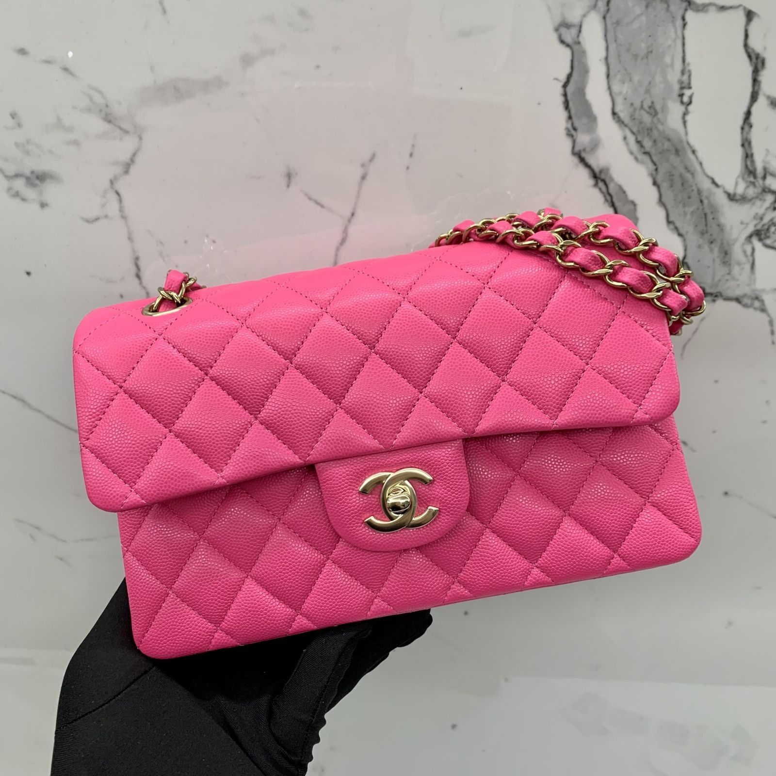 CHANEL CAVIAR SKIN PINK SMALL CLASSIC DOUBLE FLAP MICROCHIPPED