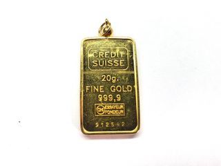 CREDIT SUISSE Vintage 20 Gram Gold Bar .9999 Fine in 14kt Gold Pendant with 4mm Bale