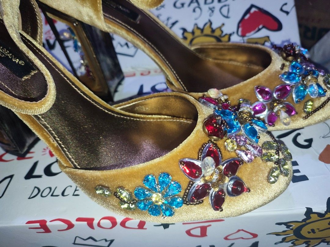 Dolce & Gabbana Gold Jacquard Crystal Mary Janes Pumps Shoes
