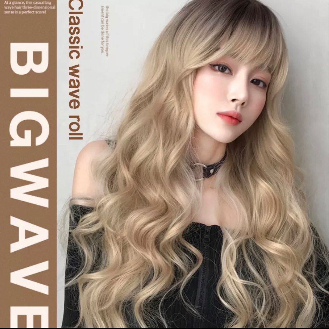 European And American Style Ladies Wigs Golden Big Wave Long Curly Hair Air  Bangs Wig, Beauty & Personal Care, Hair On Carousell