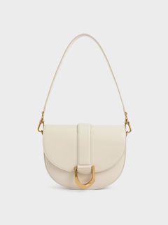 Charles & Keith - Women's Tweed Asymmetrical Shoulder Bag, Cream, M