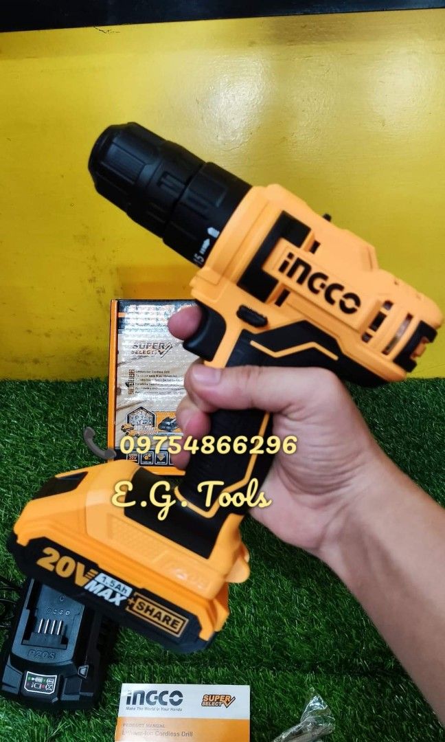 INGCO 20V Li-Ion Cordless Drill - CDLI20051 (Category: Construction Tools & Equipment) located in Caloocan City. Submitted by emgaile (Listing ID 1244480217, Image 2). Description: INGCO 20V Cordless Drill - CDLI20051 Specification : *Voltage: 20V *No Load Speed: 0-400/0-1500/min *Max. Torque: 45NM *Chunk Capacity: 0.8-10mm *Torque Setting: 15+1 *Mechanical 2-speed gear *20V Lithium-ion 1.5Ah battery *Batteries Charge Volts: 220V-240V~50/60Hz *In