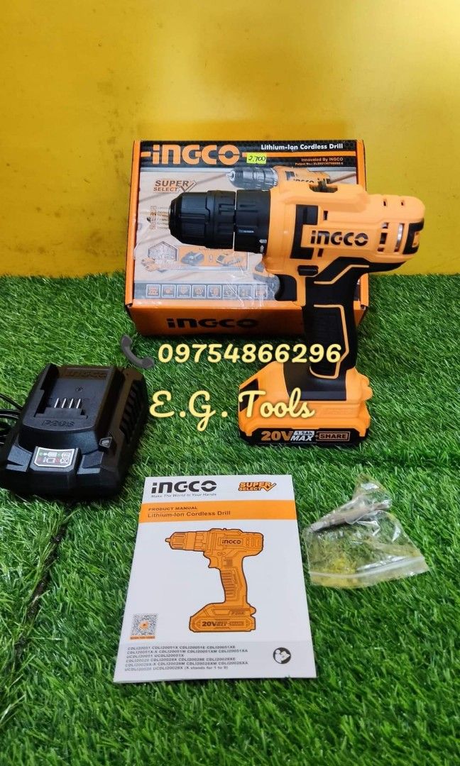 INGCO 20V Li-Ion Cordless Drill - CDLI20051 (Category: Construction Tools & Equipment) located in Caloocan City. Submitted by emgaile (Listing ID 1244480217, Image 1). Description: INGCO 20V Cordless Drill - CDLI20051 Specification : *Voltage: 20V *No Load Speed: 0-400/0-1500/min *Max. Torque: 45NM *Chunk Capacity: 0.8-10mm *Torque Setting: 15+1 *Mechanical 2-speed gear *20V Lithium-ion 1.5Ah battery *Batteries Charge Volts: 220V-240V~50/60Hz *In