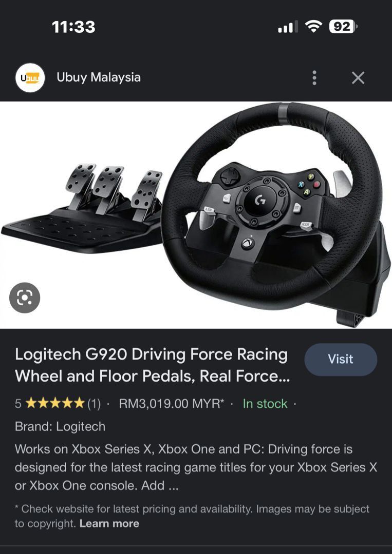 Logitech G920 Driving Force Racing Wheel and Floor Pedals (Xbox Series X