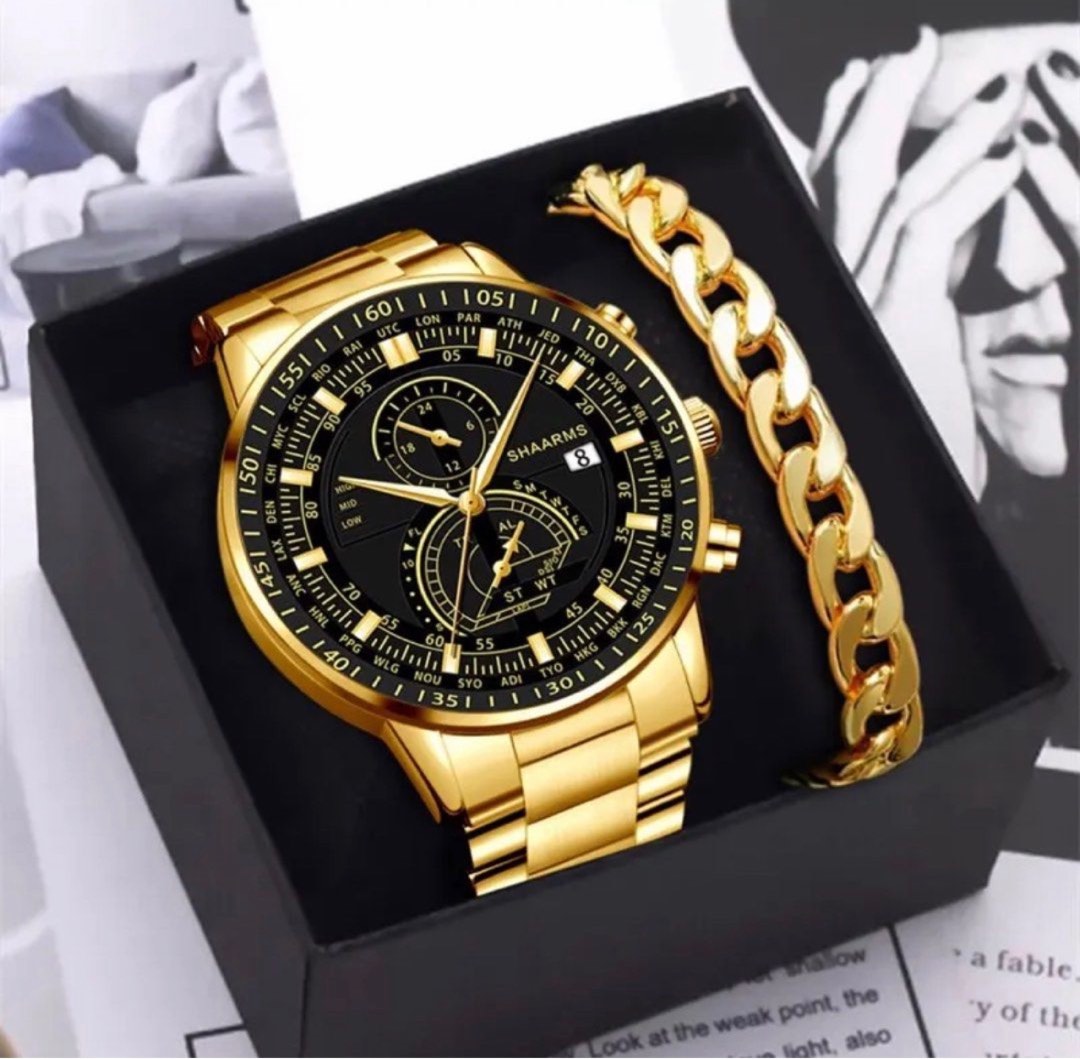 Mens gold watch and bracelet set sale