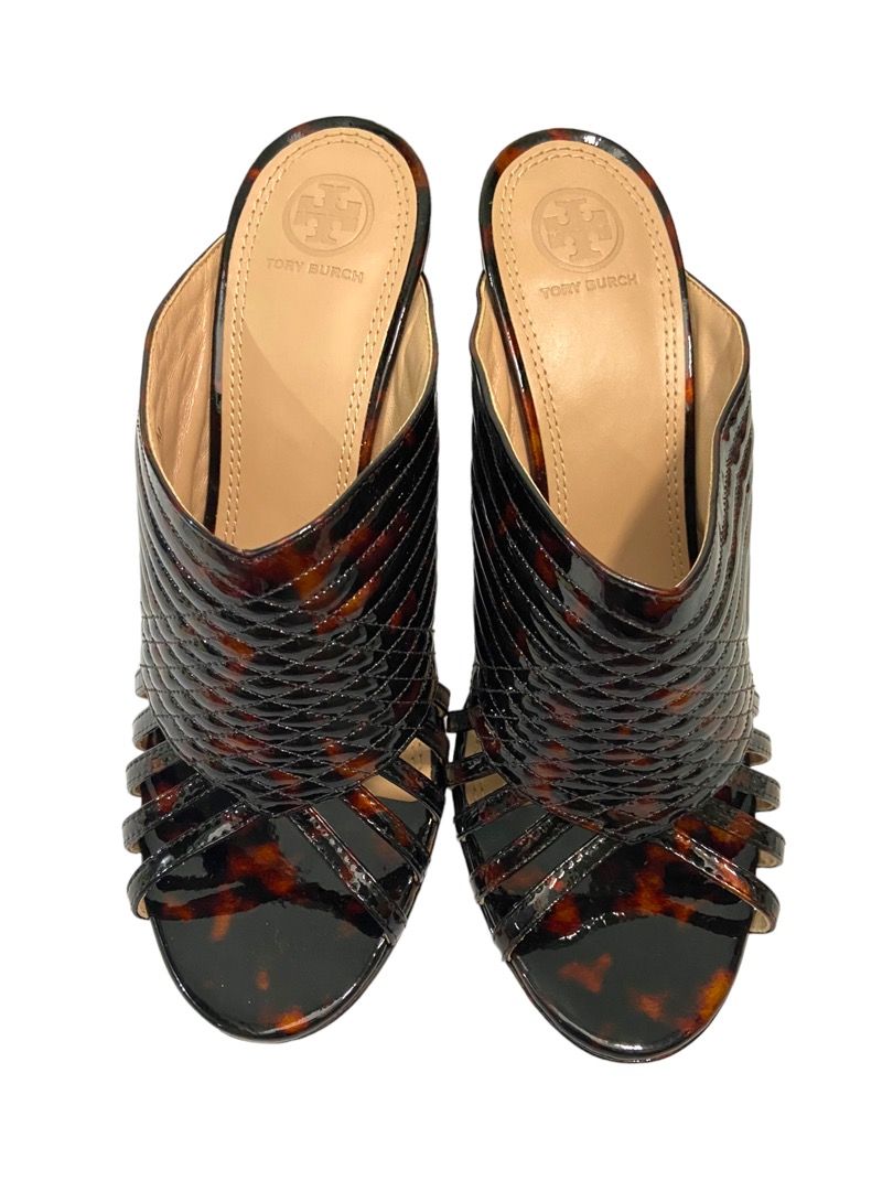 NIB Tory Burch Brown Brida Leather Mule Peep Toe Slip On Shoes MSRP 350