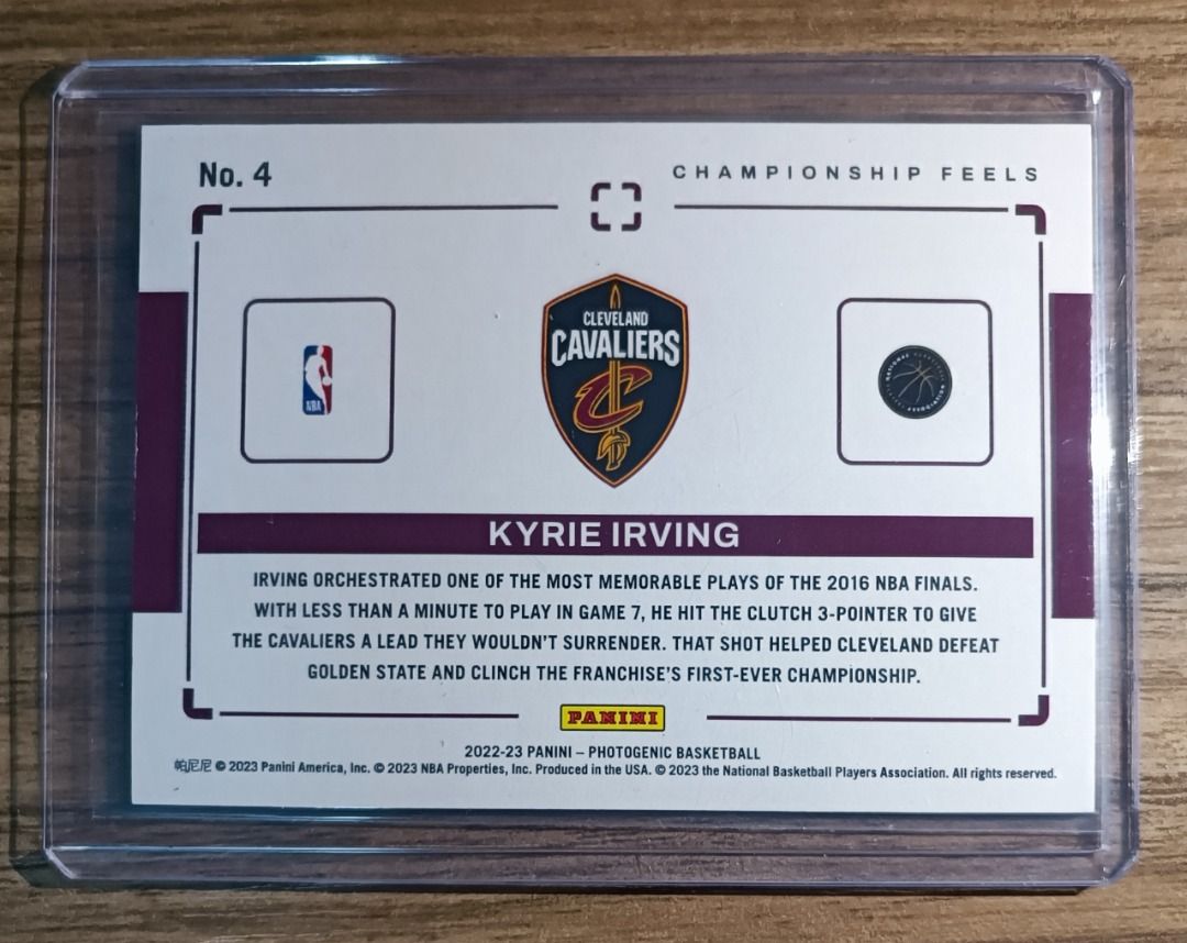 Panini 2022-23 Photogenic 上鏡Kyrie Irving 艾榮歐文Cleveland Cavaliers  騎士Champions Feels Insert 奪冠總冠軍特卡, 興趣及遊戲, 玩具& 遊戲類- Carousell