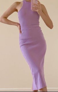 Purple ribbed knitted racerback tank and fitted midi skirt set