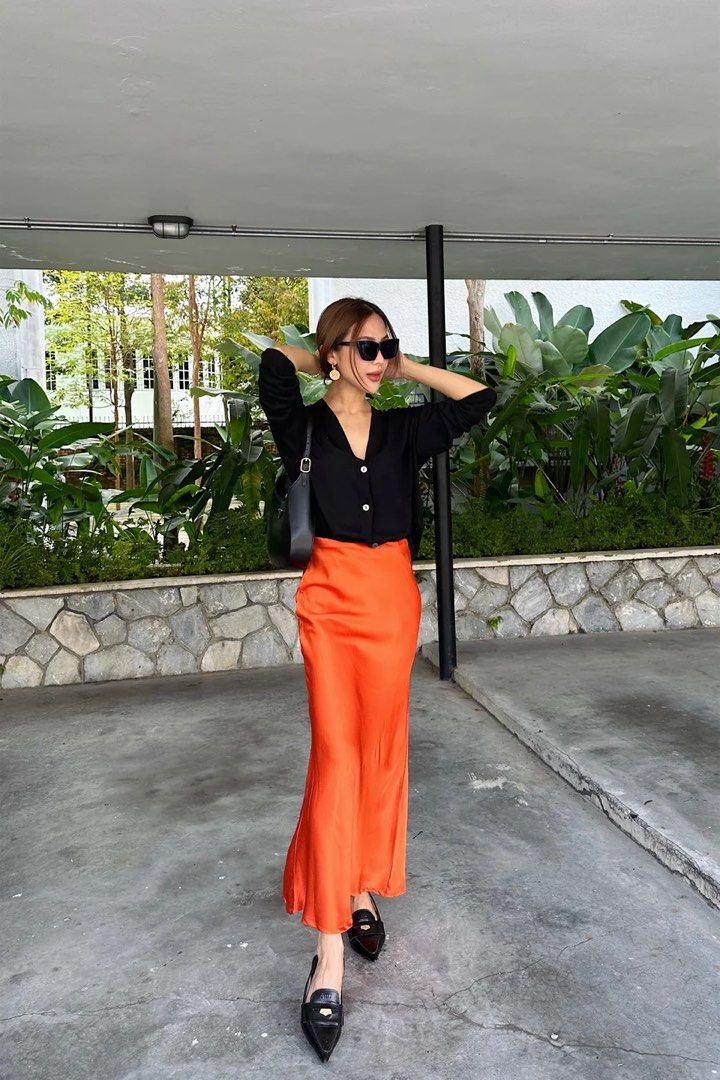 Orange satin skirt top outfit
