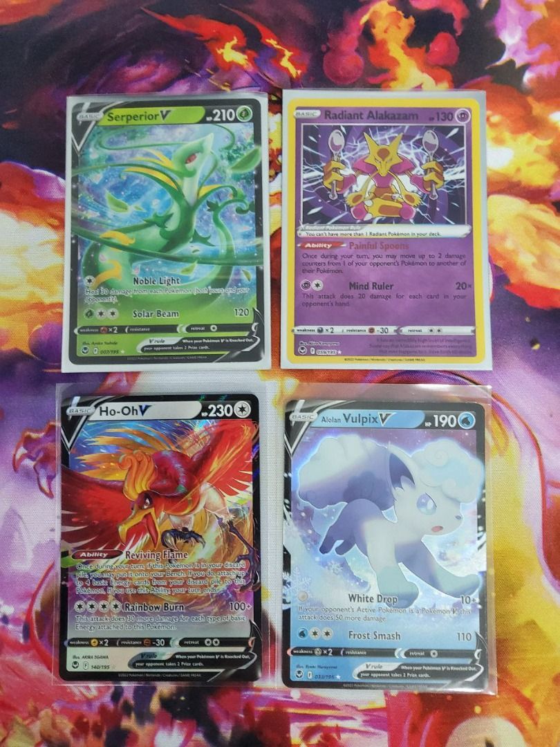 Sword & Shield: Silver Tempest - Serperior V (007/195 - Ultra Rare),  Radiant Alakazam (059/195 - Radiant Rare), Ho-Oh V (140/195 - Ultra Rare),  Alolan Vulpix V (033/195 - Ultra Rare), Hobbies & Toys, Toys & Games on  Carousell