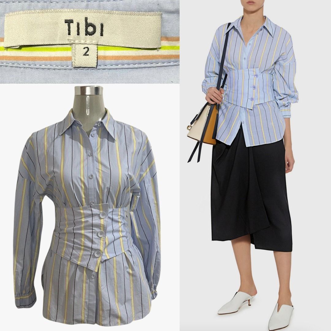 TIBI New York Striped Shirt with Removable Corset Belt Striped Shirt - tibi  blouse - tibi top- Size US 2, Women's Fashion, Tops, Longsleeves on  Carousell