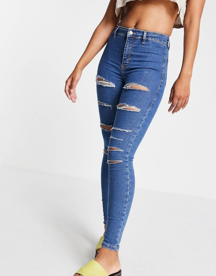 Topshop Joni jeans with super-rips in mid blue, Fesyen Wanita