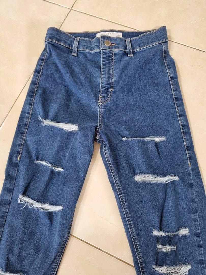 Topshop Joni jeans with super-rips in mid blue, Fesyen Wanita