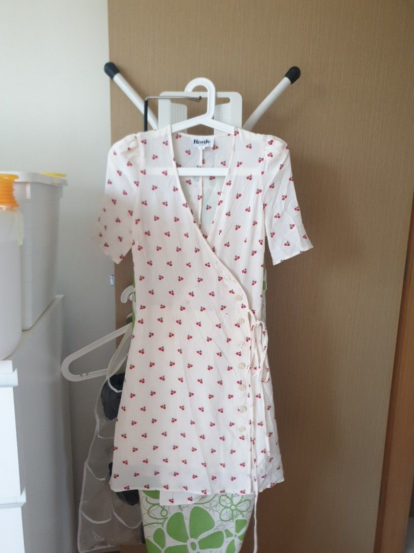 Authentic rouje classic cherry wrap dress side buttons