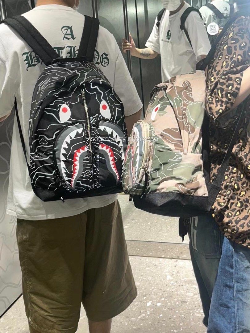 Bape Green Layered Line Camo Shark Backpack In Beige