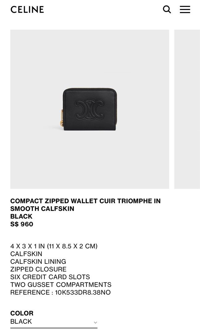 CELINE Triomphe COMPACT ZIPPED WALLET CUIR TRIOMPHE IN SMOOTH CALFSKIN  (10K533DR8)