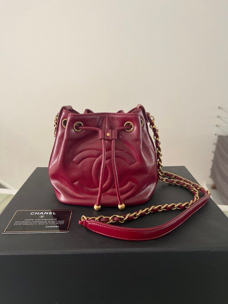 Chanel Glazed Calfskin Small Bucket Bag Red Aged Gold Hardware