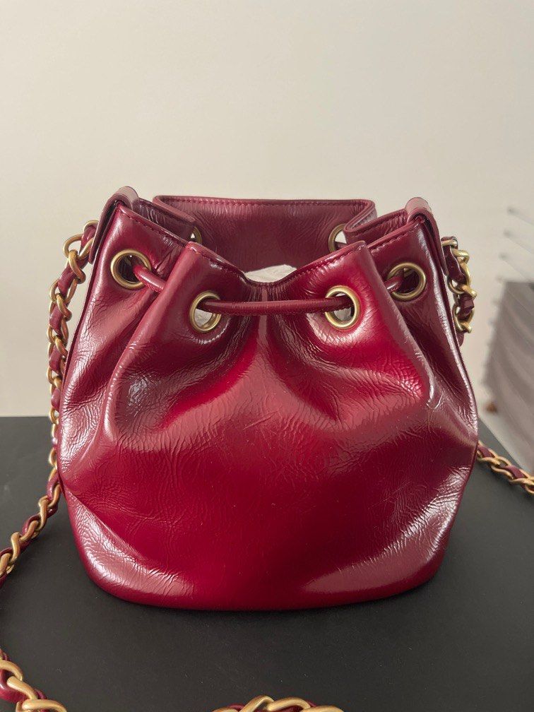 Chanel Glazed Calfskin Small Bucket Bag Red Aged Gold Hardware