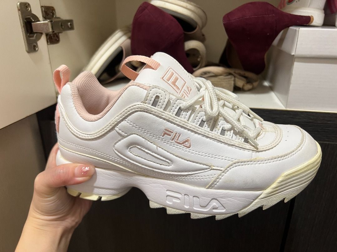 Fila white shoes with pink clearance