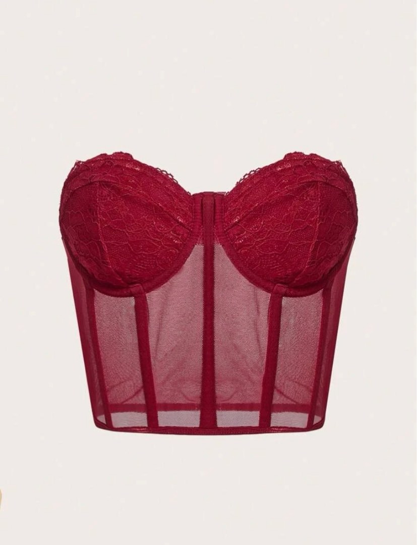 Lace Bustier Mesh Tube Top in Red, Women's Fashion, Tops