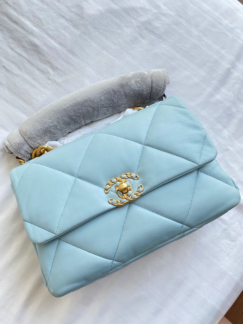 Large CHANEL 19 Large (Medium size) Handbag Haze Blue/ Light Blue with gold  metal, Luxury, Bags & Wallets on Carousell