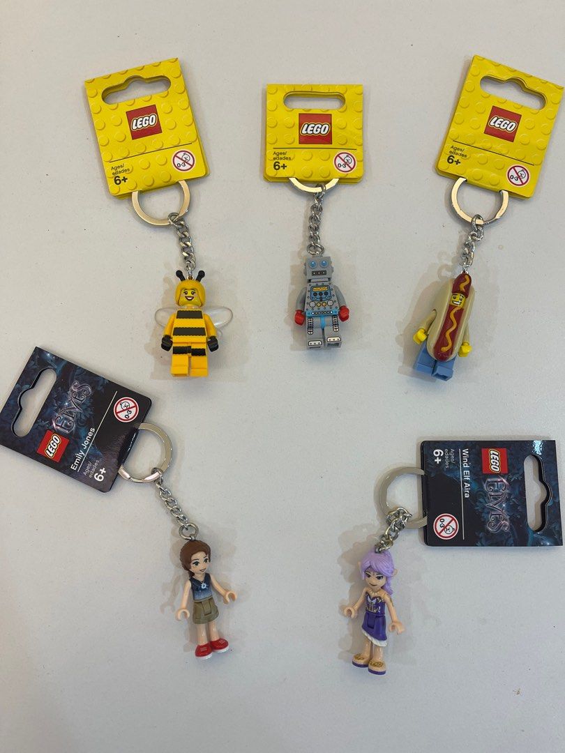 Lego minifigure keychains bee sausage robot Emily Jones elf aira