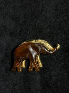 Liz Claiborne Double Elephant Brooch Pin Gold Tone & Faux Amber Signed Vintage