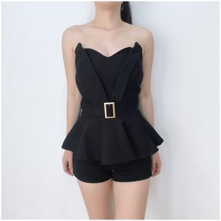 NEW Black Tube Belted Peplum Top Party Club Sexy Off Shoulder Atasan Hitam Kemben Ikat Pinggang Baju Pesta Seksi
