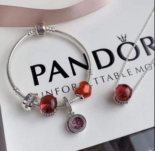 Pandora Snake Chain Bracelet & Necklace Red Charms Set