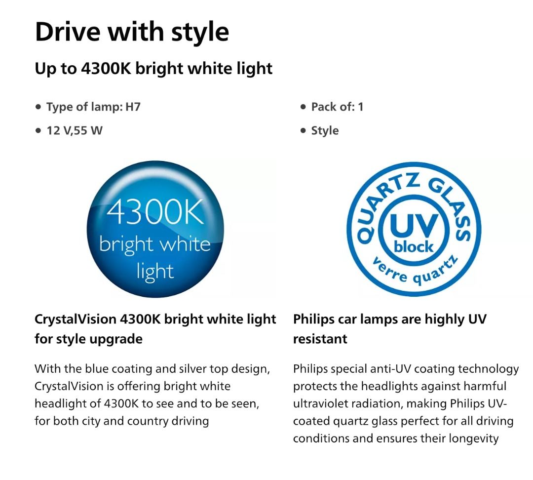 Philips CrystalVision 4300k H7 headlight bright white light - cheapest  guaranteed, Car Accessories, Electronics & Lights on Carousell