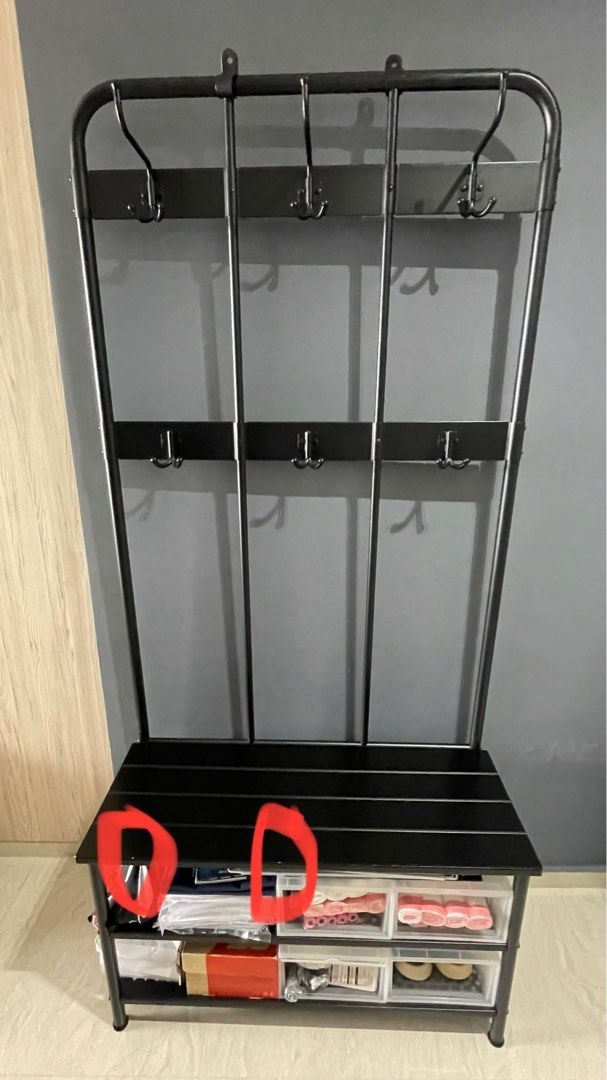 PINNIG Coat rack with shoe storage bench, black - IKEA