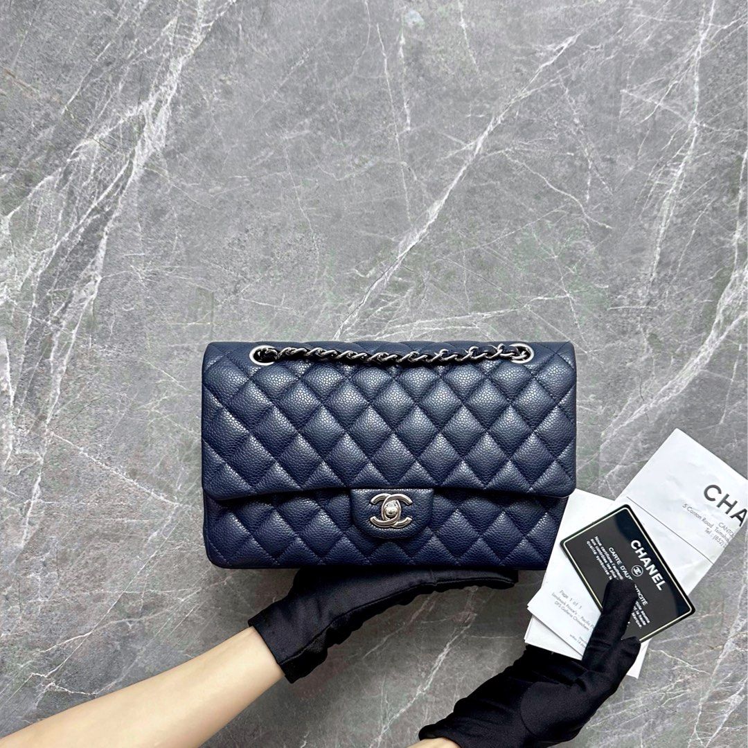 Receipt Full Set* Chanel Caviar Medium Classic Flap Double Flap Navy Blue  No 19, Luxury, Bags & Wallets on Carousell