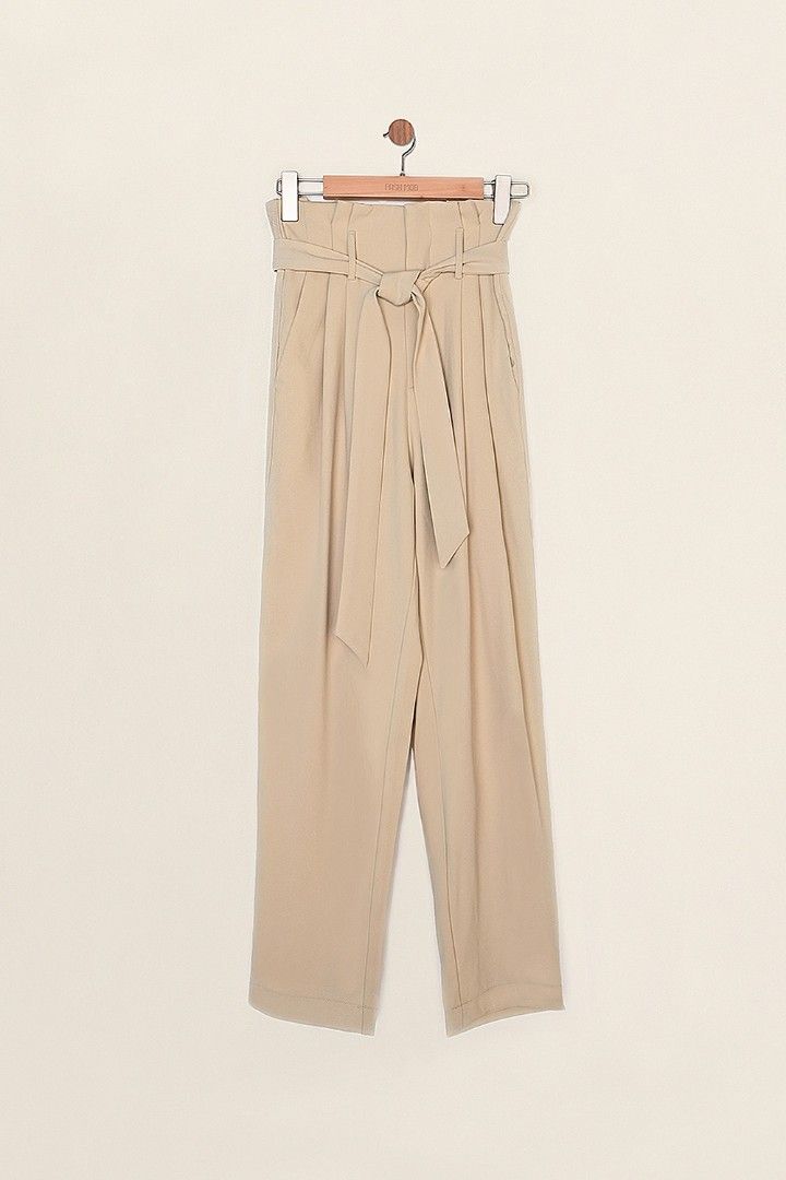 RTP$41.90 FM Fashmob Tate paperbag pants in almond beige brown sash tie  Front high waist tailored cuffed tapered peg leg pants, Women's Fashion,  Bottoms, Other Bottoms on Carousell