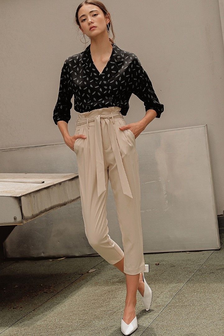 RTP$41.90 FM Fashmob Tate paperbag pants in almond beige brown sash tie  Front high waist tailored cuffed tapered peg leg pants, Women's Fashion,  Bottoms, Other Bottoms on Carousell