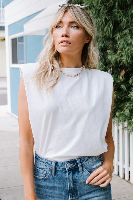 White sleeveless top best sale with shoulder pads