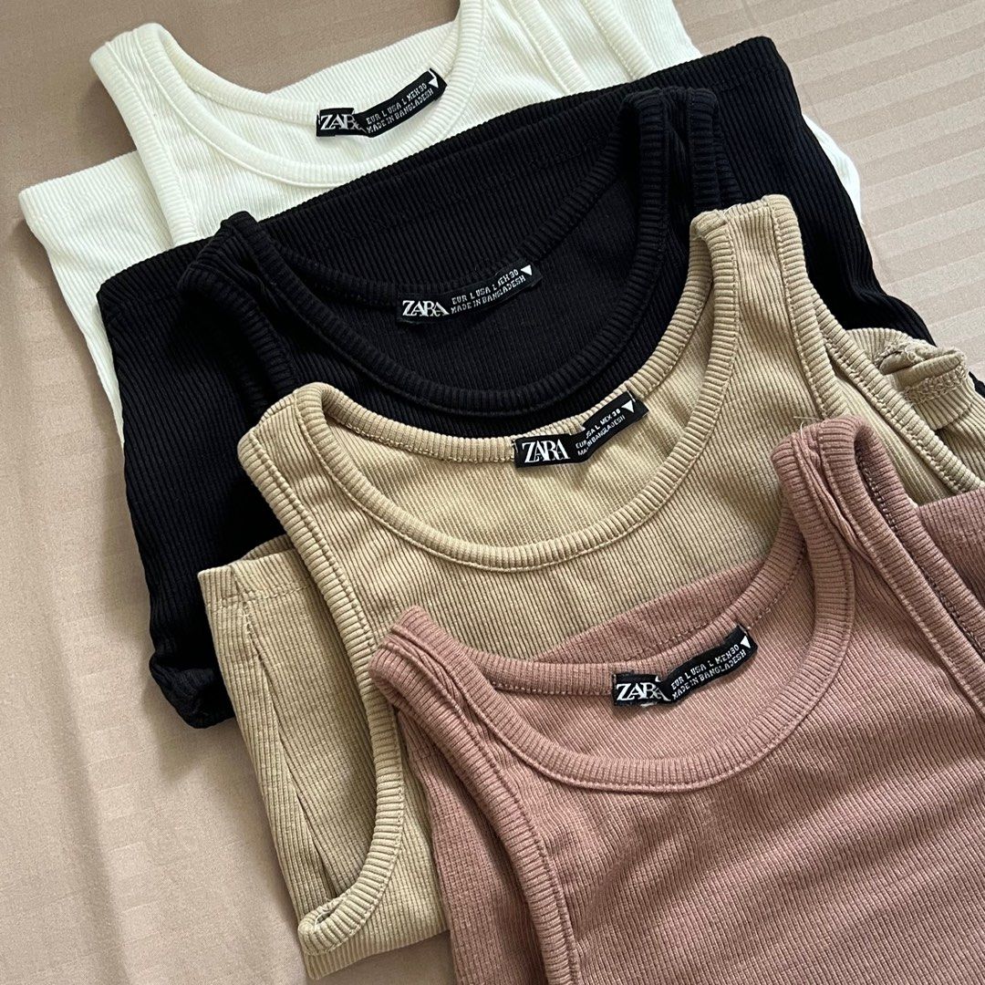 Zara Basic Tops (Category: Sleeveless) located in Quezon City. Submitted by __declutter (Listing ID 1244687391, Image 2). Description: • RFS: wrong size • Fits xs to semi medium • Brand new •Php 500 for 4.