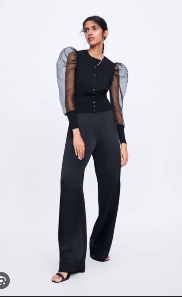 Knit cardigan with organza sleeves discount