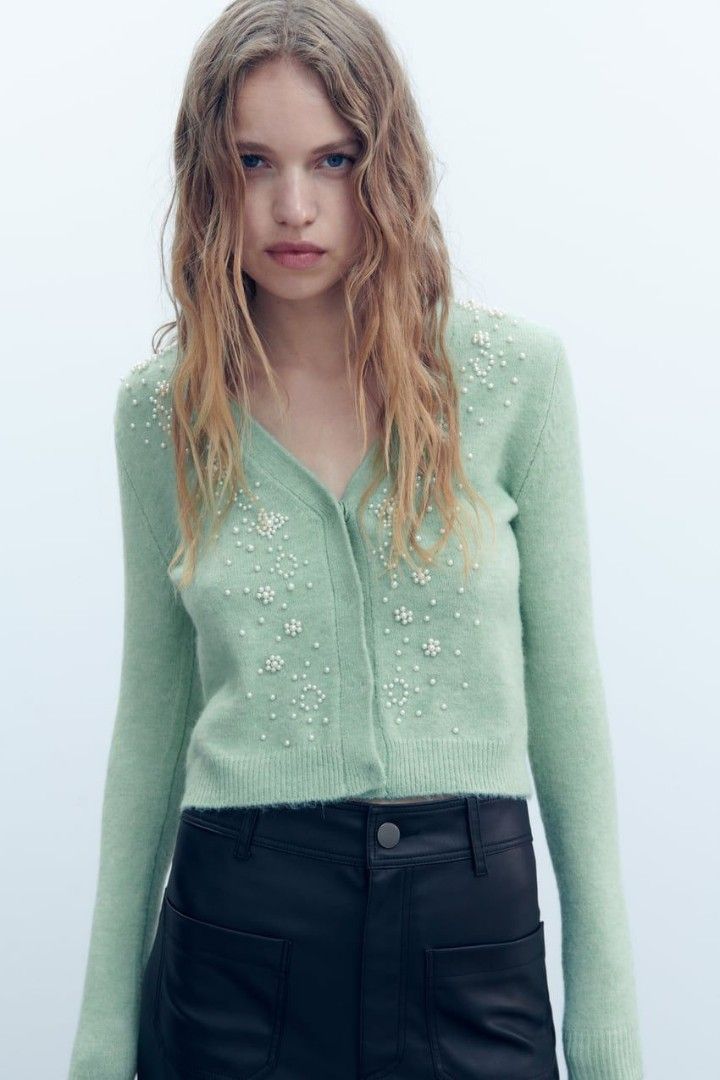 Zara knit cardigan with pearl beads, light green. Size S (smallest),  Women's Fashion, Tops, Other Tops on Carousell