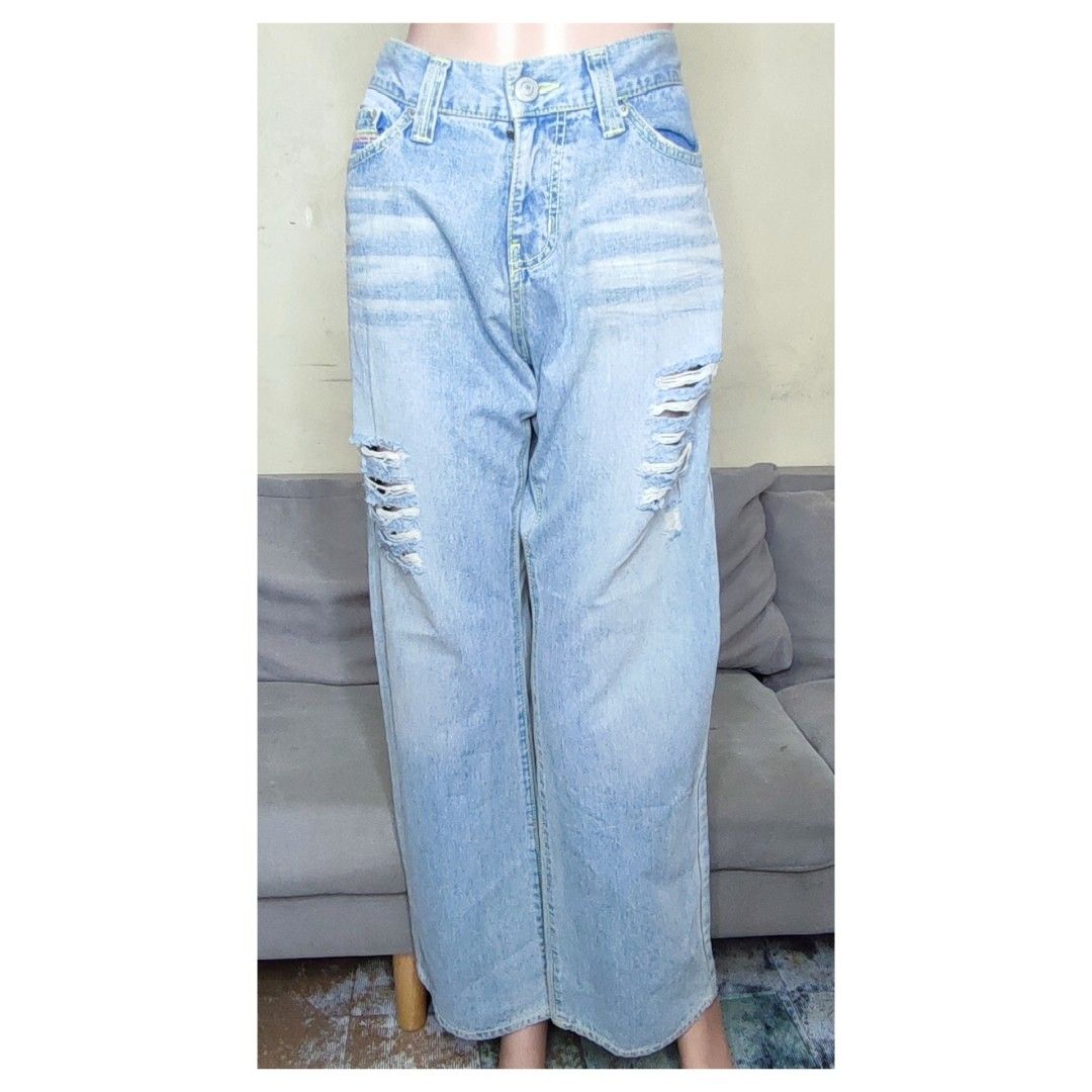34 Inches High Waisted Light Washed Tattered Denim Straight Cut